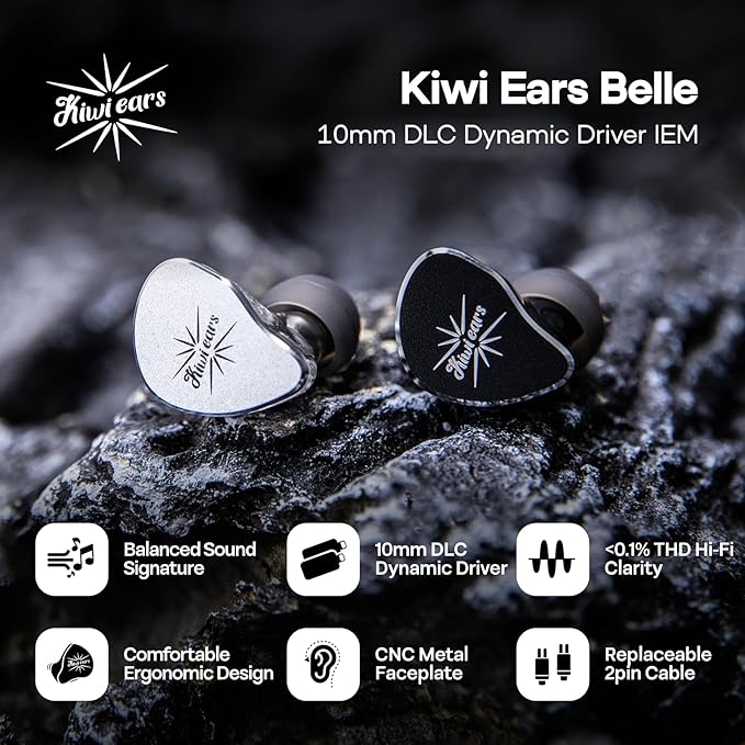 Linsoul Kiwi Ears Belle 10mm DLC Dynamic Driver in-Ear Monitor, HiFi Wired Earbuds with Dual Silver-Plated Cables, Professional IEM for Stage Performance/Gaming/Music Production (Without MIC, Silver)