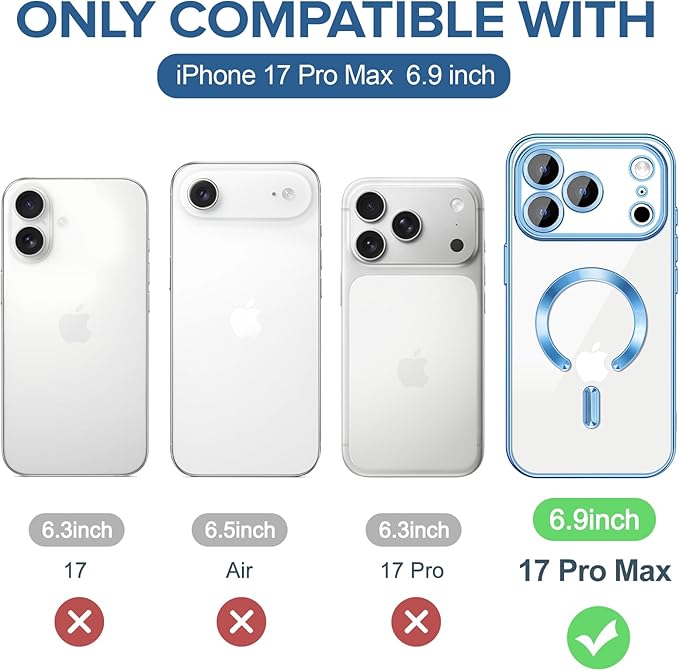 Hython Magnetic Clear for iPhone 17 Pro Max Case with Camera Lens Protector [Compatible with MagSafe] Plating Edge Slim Soft TPU Cover Protective Phone Case for iPhone 17 Pro Max 6.9", Light Blue