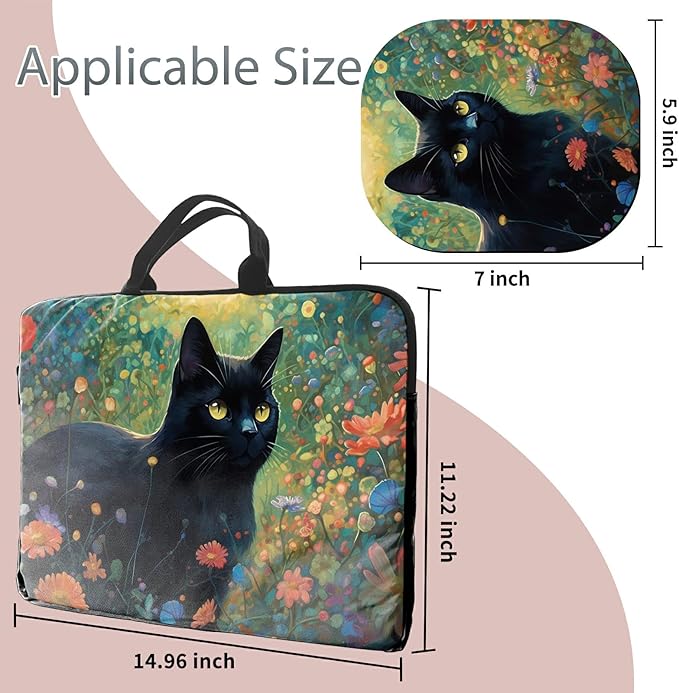 Laptop Sleeve Case 15 inch Plus Cute Mousepad, Black Cat Florals Slim Carrying Case Durable Handbag Protective Travel Laptop Bag for 13-15 inch Tablet,Laptop, Ultrabook Notebook