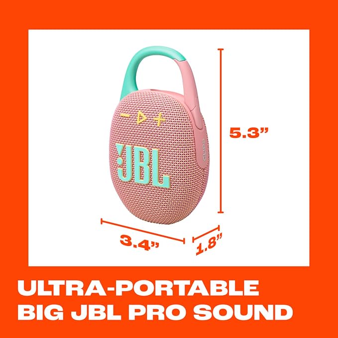 JBL Clip 5 - Ultra-Portable, Waterproof & Dustproof Bluetooth Speaker, Big JBL Pro Sound with Punchy bass, Integrated Carabiner, Up to 12 Hours of Play, Made in Part with Recycled Materials (Pink)