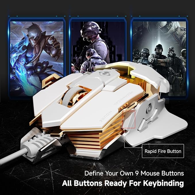 SEUNKWANG EWEADN G5 Wired Gaming Mouse, Ergonomic RGB Computer Mouse, 12800 Adjustable DPI, 9 Programmable Macro Buttons with Rapid Fire Key Compatible for PC/Laptop/Windows-White