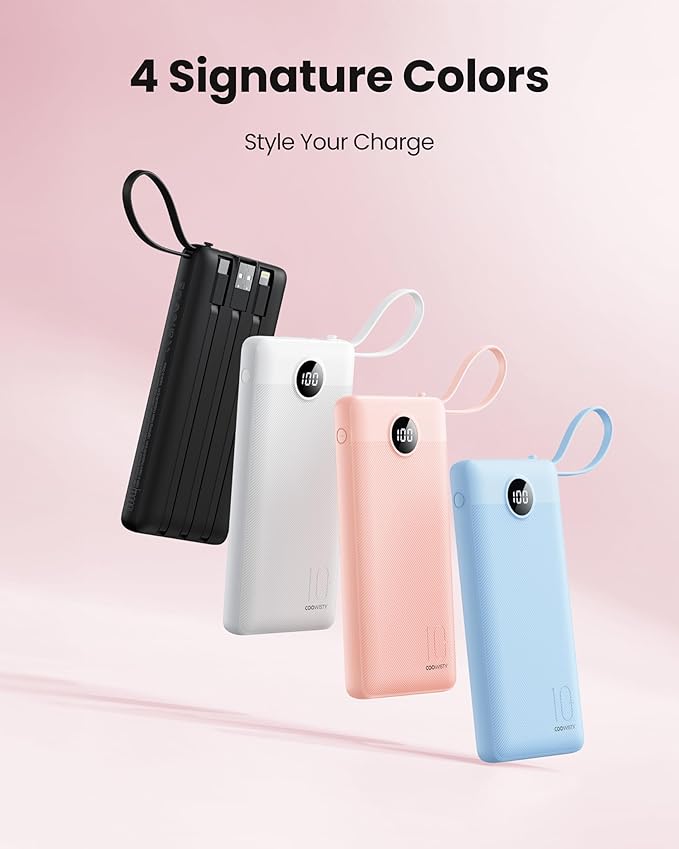 Portable Power Bank, 10000mAh Slim Portable Charger with Built-in Cables, External Battery Pack 5 Outputs 2 Inputs LED Display Compatible with iPhone/Android & More (White)