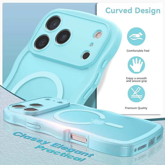 BENTOBEN Magnetic for iPhone 17 Pro Max Case, Cute Wavy [Full Camera Protection][Compatible with MagSafe] Matte Anti-Slip Bumper Women Girls Boys Protective Cover for 17 ProMax 6.9" 2025, Sky Blue