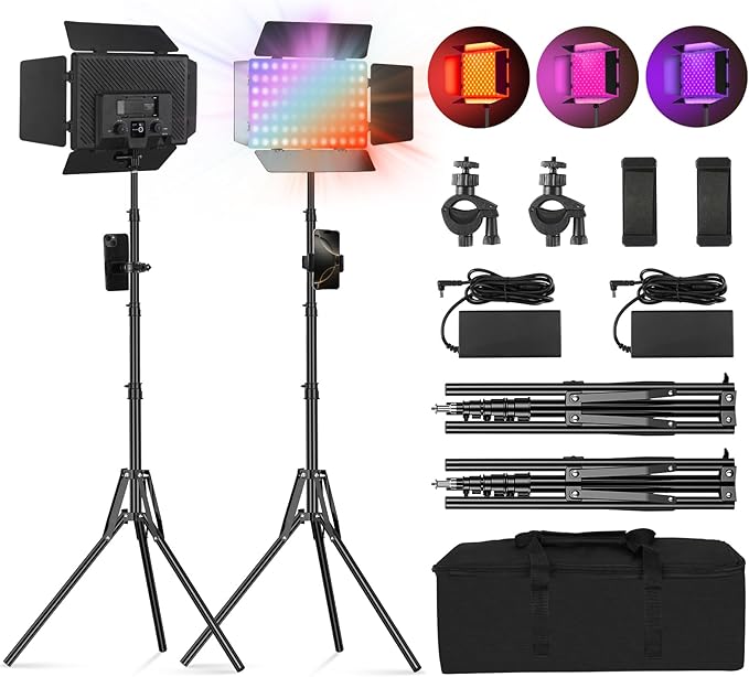 2Pack RGB LED Video Light Kit 12.6in with Barn Door, RGB Photography Light 20W/2500~8500K/14 Effect/2000lux@0.5m LED Panel Light Kit with Light Stand for Gaming Streaming Zoom YouTube Photography