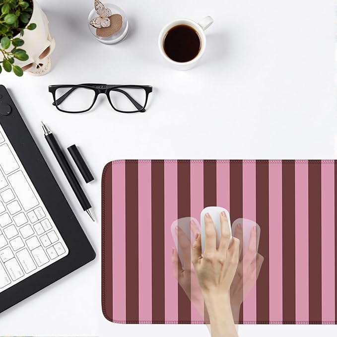Pink and Burgundy Striped Desk Mat Cute Pastel XXL Large Gaming Mouse Pad Desk Pad Kawaii Cozy Aesthetic Keyboard Laptop Computer Mat