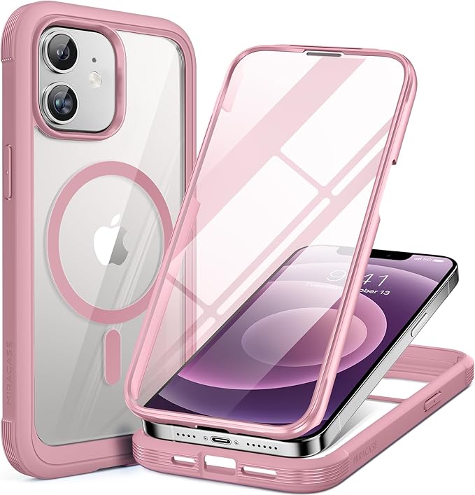 Miracase Glass Series Designed for iPhone 12/12 Pro 6.1 Inch, Upgrade Full-Body Magnetic Case with Built-in 9H Tempered Glass Screen Protector, with Camera Lens Protector, Magnetic Pink