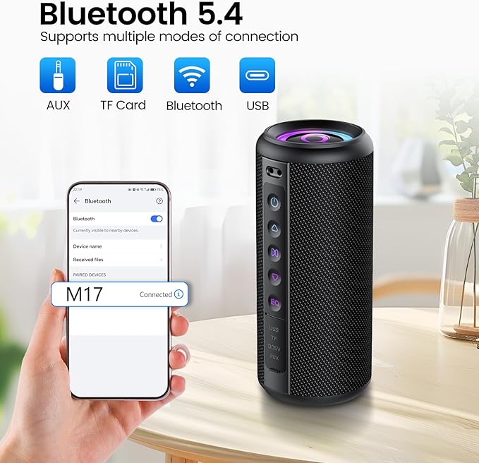 Portable Bluetooth Speaker, 2026 Bluetooth 5.4 Wireless Speaker with 20W HD Loud Stereo Sound, TWS Pairing, 20H playtime, RGB Lights, IP7, Built-in Mic, for Outdoor, Home, Beach, Party, Gift, Black