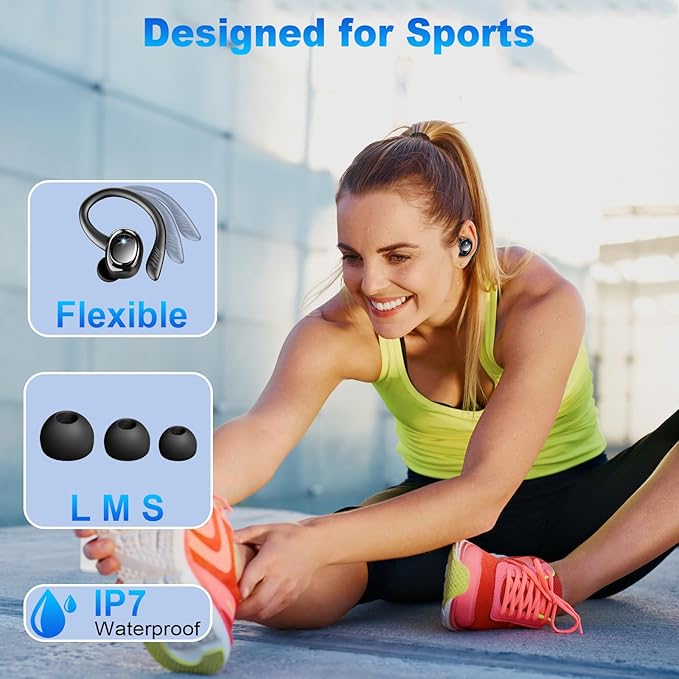 Hupoaf Wireless Earbuds Sport, NEW Bluetooth 5.4 Headphones with Earhooks, 50H Stereo Deep Bass Over Ear Buds with 4 ENC Noise Canceling Mics, IP7 Waterproof Earphones for Running Workout Gym -Black
