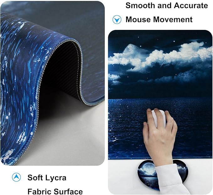Keyboard Wrist Rest + Mouse Pad with Wrist Support + Desk Mat + Coaster 4 in 1 Set, XXL Large Gaming Mousepad Cute Ergonomic Mouse Pads for Desk Computer Laptop Office Decor-Moon Ocean