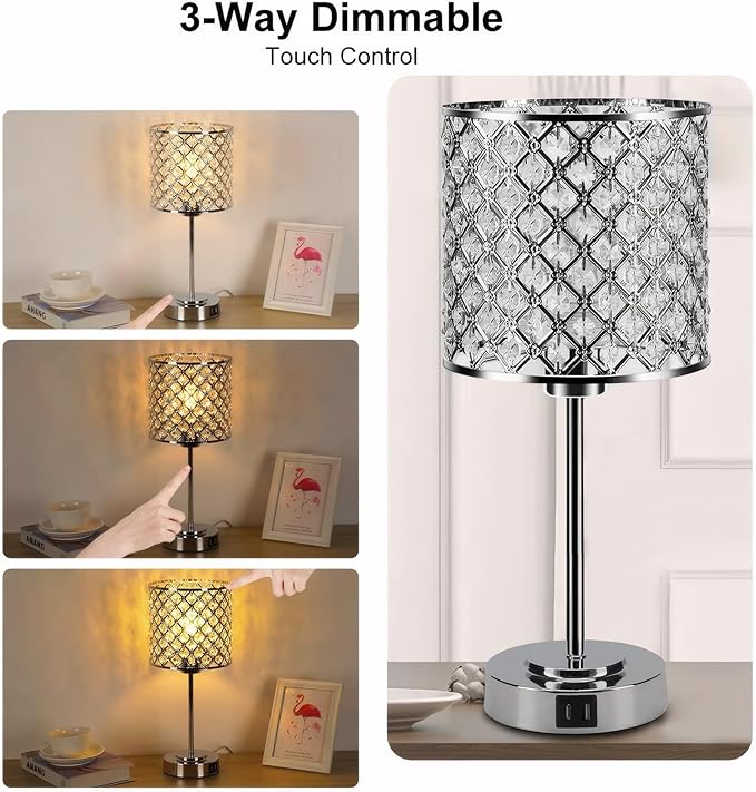 Crystal Table Bedside Lamp Touch Control, Dimmable Small Nightstand Lamp Set of 2 with USB-C+A Charging Ports, Decorative Silver Tabletop Lamp for Bedroom Living Room Guest Room, Bulbs Included