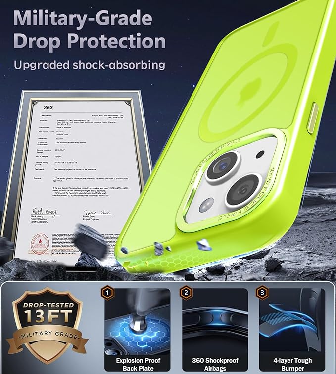 Newfuture Designed for iPhone 13 Case & iPhone 14 Case with Magnetic [13 FT Military Drop Protection] [Compatible with Magsafe] Slim Shockproof with Anti-Fingerprint Phone Case, Fluorescent Green