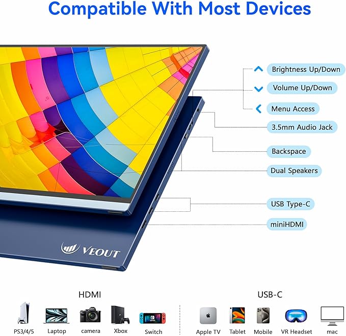 Veout Portable Monitor 16" 1200P FHD Dual USB-C/HDMI Ultra-Slim Travel Monitor with Kickstand & Speakers, 16:10 IPS External Second Screen Compatible with Laptop, Mini PC, MacBook, PS, Switch