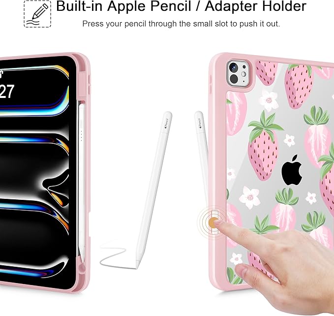 May Chen for iPad Pro 13 Inch Case M5 2025 / M4 2024, Built Pencil Holder & Clear Transparent Print Back Shell Slim Stand Shockproof Tablet Cover, Auto Wake/Sleep, Strawberries