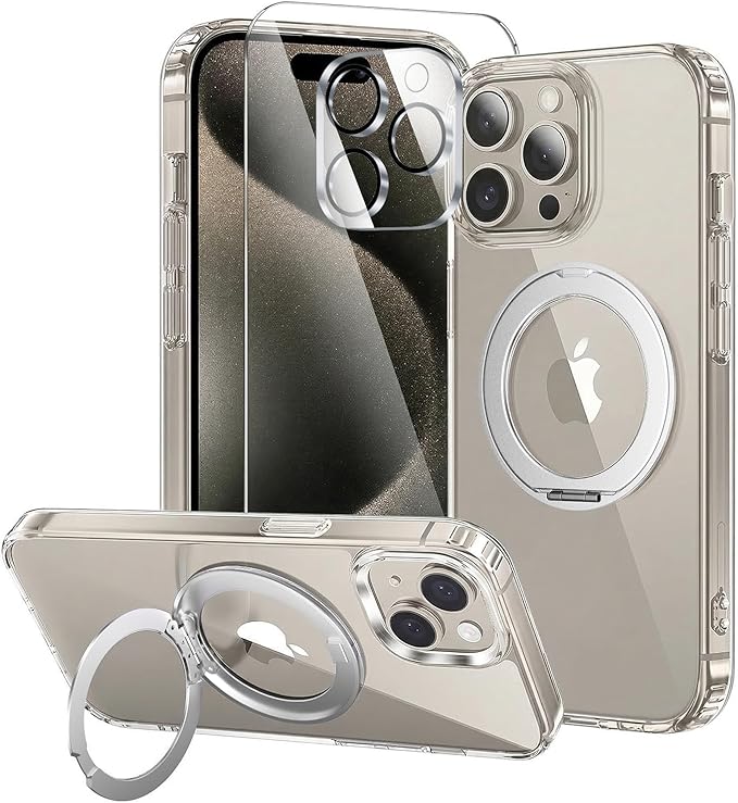 toushion 3 in 1 for iPhone 15 Pro Max Case Stand |Build in Kickstand,Screen Protector *1 & Camera Lens Protector*1, Not Yellowing, Fits MagSafe, Military-Grade Protection