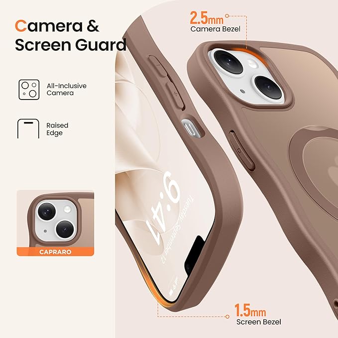 CAPRARO for iPhone 13 Case & iPhone 14 Case with 360° Spin Magnetic Stand for Women, [Compatible with MagSafe] [Camera Protection] Cute Wave Translucent Matte Case for iPhone 13/14, Brown