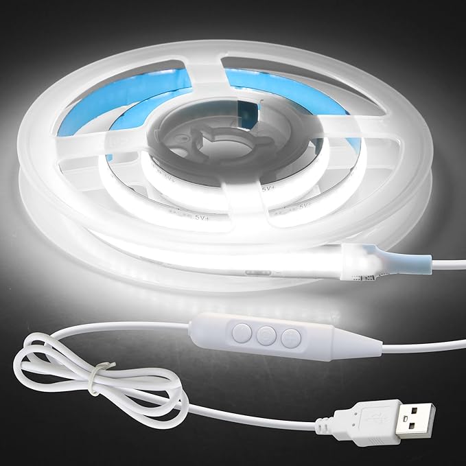 Aclorol USB COB LED Strip 50cm White LED Strip Lights for Bedroom Dimmable Light Strip with Dimmer High Density and Bright for Kitchen Cabinet Display Case Craft Lighting Project 6000K 1.64FT/0.5M