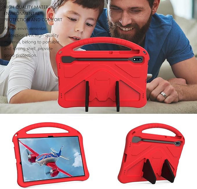 Kids Case for Samsung Galaxy Tab S10+/S9+/S8+/S7 FE/S7+/S9 FE+ 12.4", Techcircle Light Weight Shock Proof EVA Foam Handle Rugged Stand Protective Case for Galaxy Tab S9 FE Plus/S10 Plus 2024, Red