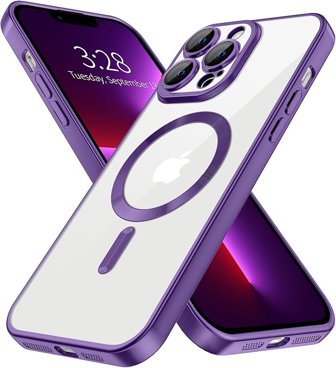 Hython Magnetic Clear for iPhone 13 Pro Max Case with Camera Lens Protector [Compatible with MagSafe] Plating Edge Slim Soft TPU Cover Protective Phone Case for iPhone 13 Pro Max 6.7", Matte Purple