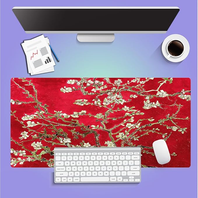 Large Gaming Mouse Pad (31.5" x 15.8") -‌ Vivid Red Famous Painting of Almond Trees Flowers Blossoms by Vincent Van Gogh, Extra XXL Office Accessories, Premium Stitched Anti-Slip Desk Mat