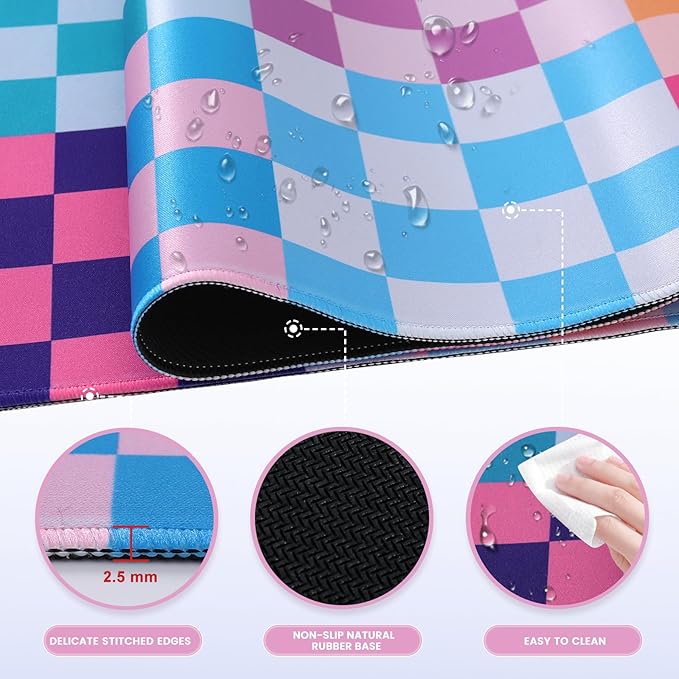 iLeadon Desk Mat, Computer Desktop Pad, Colorful Checkered Mouse Pad, Large Rubber Base Mousepad with Stitched Edges, Keyboard Mat for Women Office, Home