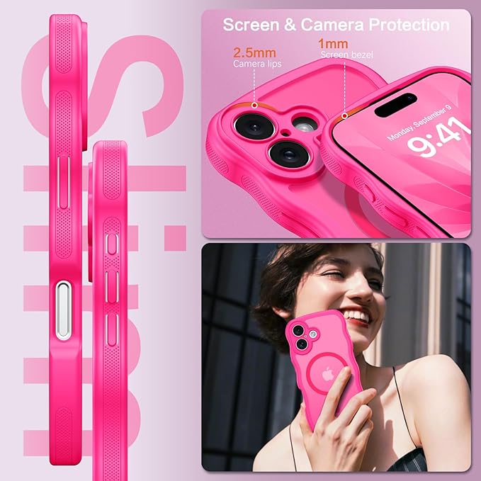BENTOBEN Magnetic for iPhone 17 Case, Cute Wavy Full Camera Protection [Compatible with MagSafe] Translucent Matte Anti-Slip Bumper Women Girls Boys Protective Cover for 17 6.3",Hot Pink