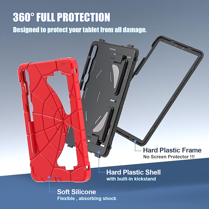 for Samsung Galaxy Tab S10 Lite 5G/ S10 FE/ S9 FE/ S9/ S8/ S7 Case (10.9''/11''), Shockproof Drop Protective Cute Cover for Kids Boys w/Pencil Holder Stand Carrying Shoulder Strap, Red Black
