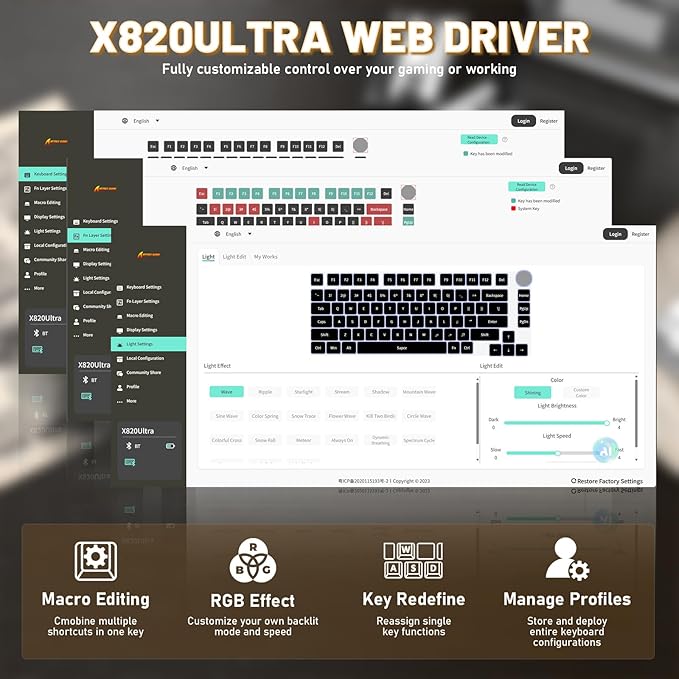 Attack Shark X820Ultra Wireless 75% Mechanical Gaming Keyboard with Screen & Knob Hot Swappable 2.4GHz/BT/Wired RGB Backlit Gasket Mount Side Print PBT Keycap QMK Web Driver Shark Switch-Moonnight