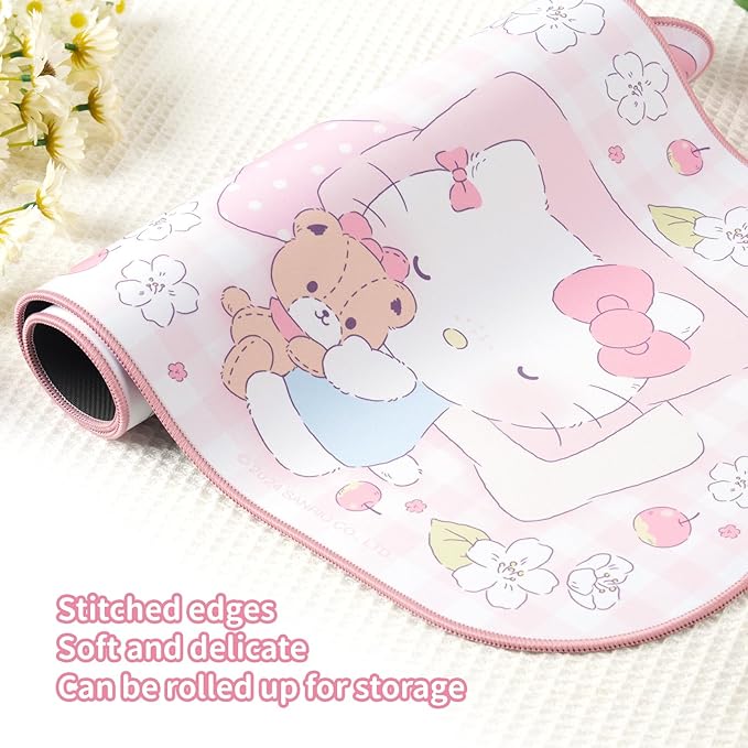 Kuitmor Kawaii Anime Mouse Pad,Non-Slip Waterproof Desk Mat for Keyboard,Durable Large Extended Gaming Mouse Pad with Bowknot Edge for Office Gaming - FlowerCat