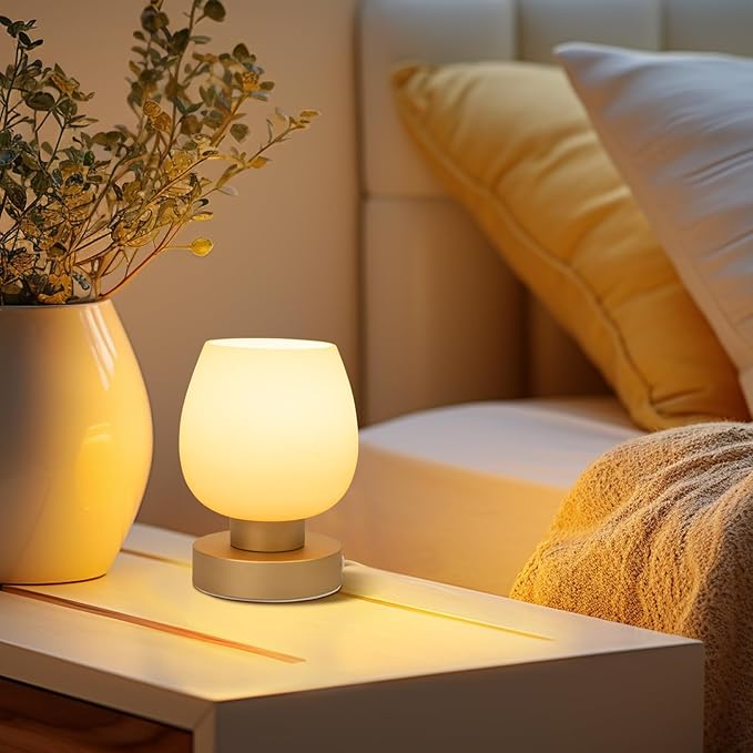 Touch Bedside Table Lamp - Desert Titanium Color Glass Lamp Shade, Warm LED Bulb, 3 Way Dimmable, Simple Design