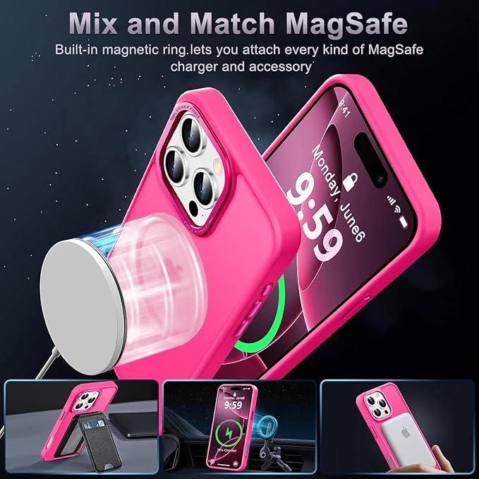 Newfuture Designed for iPhone 16 Pro Case with Magnetic [13 FT Military Drop Protection] [Compatible with Magsafe] Slim Translucent Matte Shockproof with Anti-Fingerprint Phone Case,Hot Pink