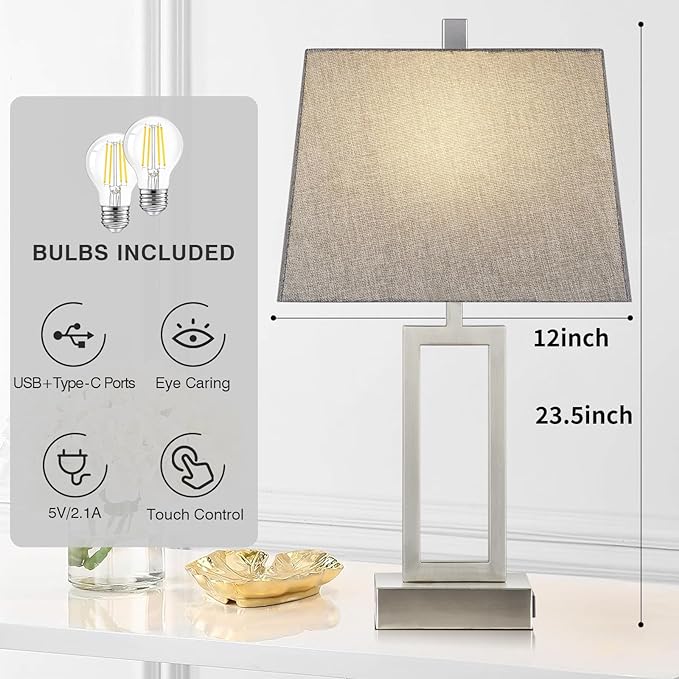 Rinweey 23.5" Touch Control Table Lamps Set of 2, Modern Silver Bedside Lamps with USB A+C Ports & AC Outlet, 3 Way Dimmable Contemporary Nightstand Lamps for Bedroom Living Room(2 LED Bulb Included)