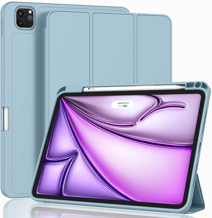 ZryXal New iPad Air 13 Inch Case M3 2025/M2 2024 with Pencil Holder, Trifold Stand Smart Case with Soft TPU Back,Auto Wake/Sleep(Light Blue)