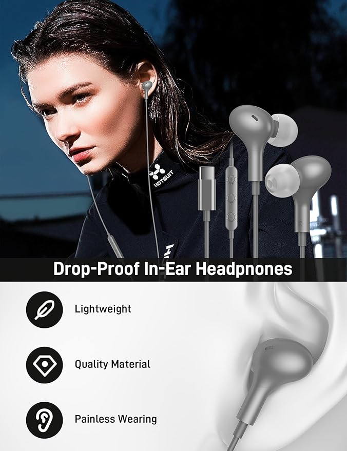 iMangoo for Apple USB C Wired Headphones, Hi-Fi Sound Corded Earbuds, Ergonomic Small in Ear Buds for iPhone 17 Pro Max/17e/16 Plus/16e/15, for Samsung S26/S25 Ultra/for Pixel Type C Earphones Grey