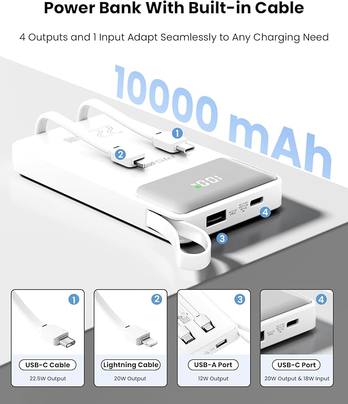 PISEN 3C Certified Power Bank - 10000mAh 22.5W CCC Power Bank with Built in Cable, Travel Battery Pack Portable 3C Charger with LED Display, Portable Charger with Built in Cable for iPhone, Samsung