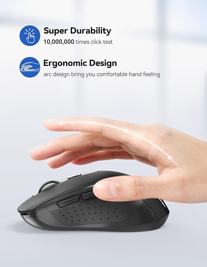TECKNET Wireless Mouse for Laptop, 2.4G Ergonomic Optical Mouse Silent Bluetooth Mouse(BT5.0) 4000DPI Adjust, Computer Portable PC Quiet Mice with USB-A Receiver & 6 Buttons for Mac, 18 Months Battery
