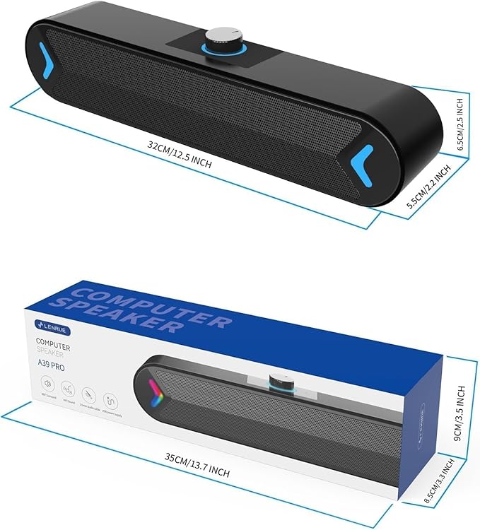 LENRUE Computer Speakers,PC Speakers for Desktop,Wired USB-Powered Sound-bar for Computer with 10W Stereo Sound and Colorful Light,Plug-n-Play (A39PRO /Black)