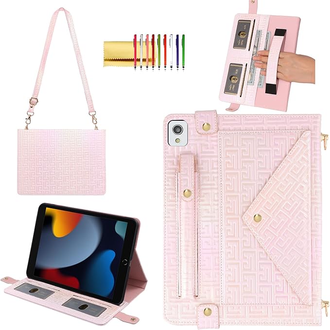 Shiny Case for iPad 6th/5th Gen 9.7 Inch (2018/2017), iPad Pro 9.7"/Air 2, Techcircle Crossbody Iridescent Folio Stand Multi-Pocket Wallet Case with Pencil Holder+Hand/Shoulder Strap, Shiny Pale Pink