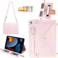 Shiny Case for iPad 6th/5th Gen 9.7 Inch (2018/2017), iPad Pro 9.7"/Air 2, Techcircle Crossbody Iridescent Folio Stand Multi-Pocket Wallet Case with Pencil Holder+Hand/Shoulder Strap, Shiny Pale Pink