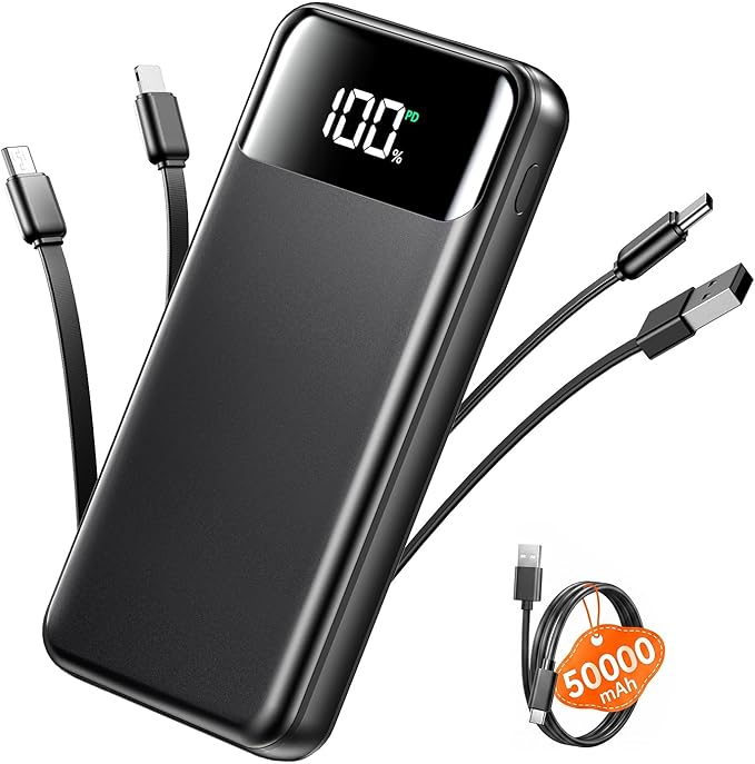 Portable Charger, 50000mAh Power Bank with Built in Cables, 22.5W Fast Charging Battery Pack, Portable Phone Charger for Travel Camping Essential,PowerBank Compatible with iPhone 17/16/15/14, Samsung