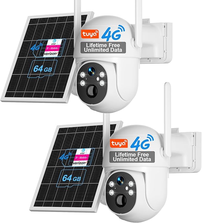 SANSCO 4G LTE Cellular Solar Security Camera Wireless Outdoor, Lifetime Free Unlimited Data, NO WiFi 2K Color Night Vision, PTZ 360 View, 2 Way Audio, Motion Detection (4G Unlimited-2Pack)