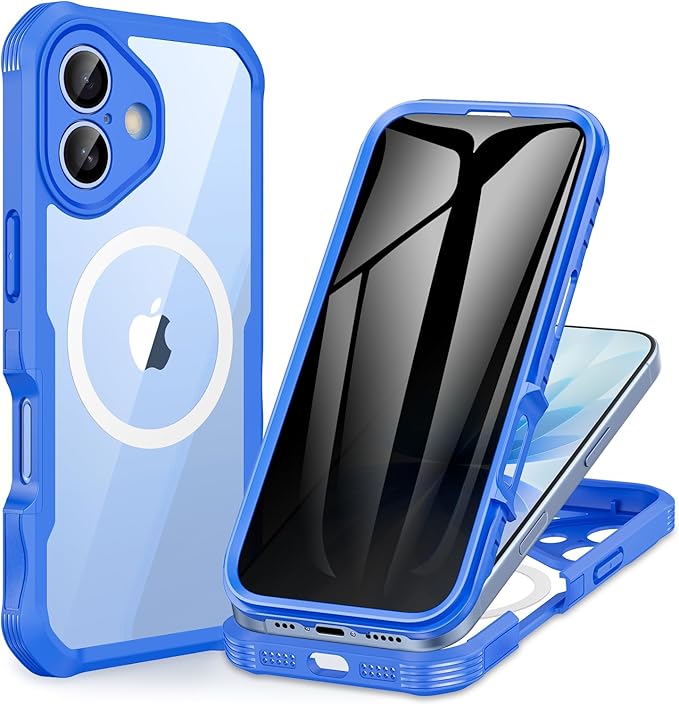 CENHUFO Magnetic Privacy for iPhone 17 Case [Compatible with Magsafe] Full Body Phone Case Built-in 9H Tempered Glass Privacy Screen Protector Camera Protection Shockproof Bumper Clear Cover -Blue