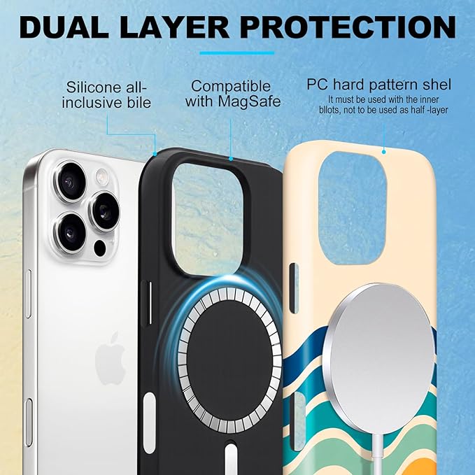 Magnetic for iPhone 15 Pro Case Cute Stripes Phone Case, Shockproof Slim TPU and Hard PC Protective Phone Cover Compatible with MagSafe Designed for Women Girls,Retro Wave