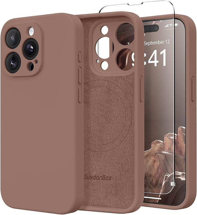 Magnetic for iPhone 15 Pro Max Case, Compatible with MagSafe, [Full Camera Protection][Screen Protector] Silicone Shockproof Protective Phone Case for iPhone 15 Pro Max 6.7", Brown