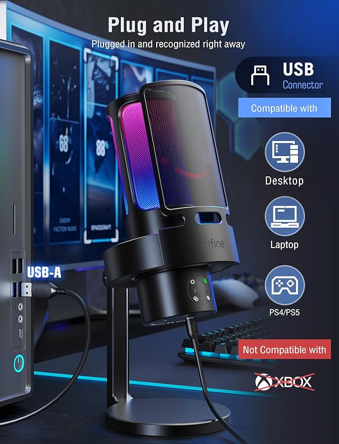 FIFINE Gaming USB Microphone, PC Computer Mic with 4 Polar Patterns for Podcast Streaming Recording YouTube, RGB Condenser Desktop Mic for Windows, Mac, with Headphone Jack-AmpliGame A8 Plus