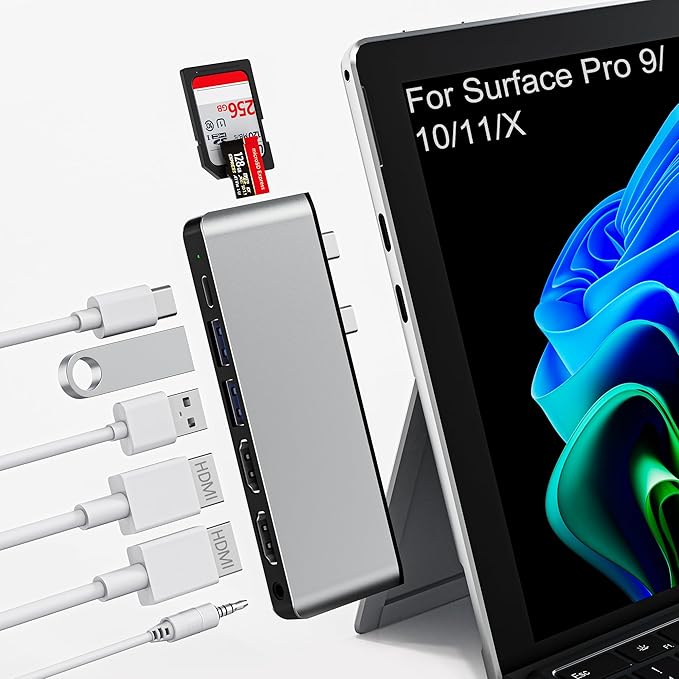 Surface Pro 9/10/11/X Docking Station with Dual 4K HDMI, Thunderbolt 4 (100W PD, 40Gbps Data, 8K Display), USB-C Hub for Surface Pro 11/10/9/X, Quad Display Adapter with 2 USB3.0, SD/TF, 3.5mm Audio