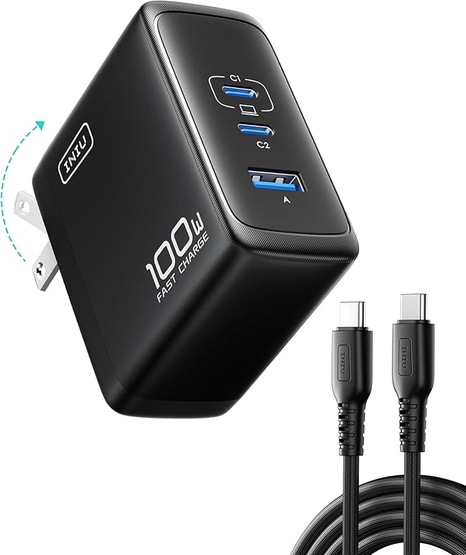 INIU USB C Charger Block, 100W GaN Fast Charging, 3-Port Compact Foldable Travel Charger with Type C Cable, Power Adapter for Mac Book Air Pro 15 14 M3, iPhone 17 16 Pro Max Samsung S26 S24, Switch 2