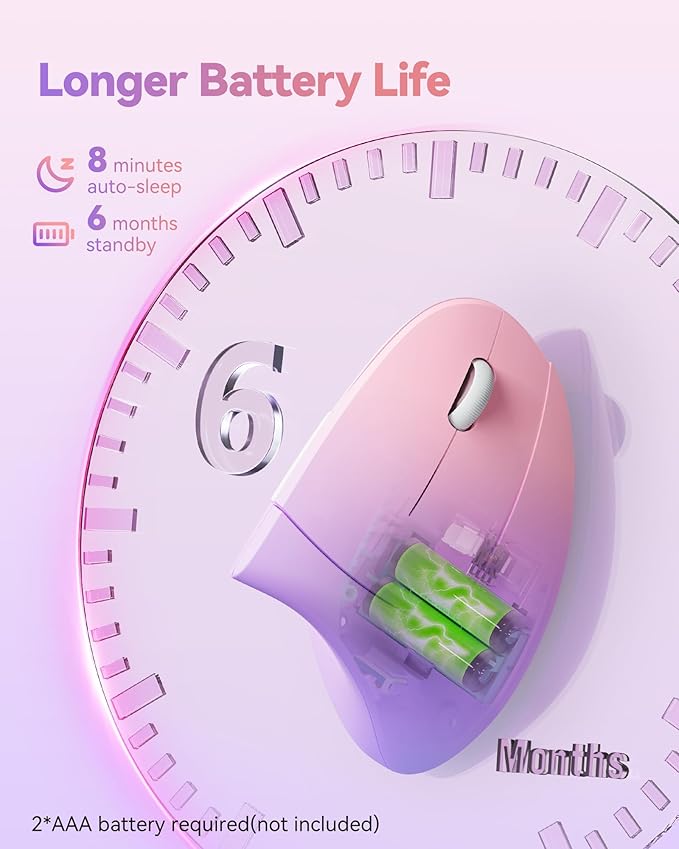 TECKNET 2.4G Ergonomic Mouse Vertical Wireless - 4800 DPI Optical Carpal Tunnel Mice Right Hand, 4800 DPI Adjustable, Quiet Clicks, 6 Buttons for Laptop, Desktop, PC, Computer - Pink Purple