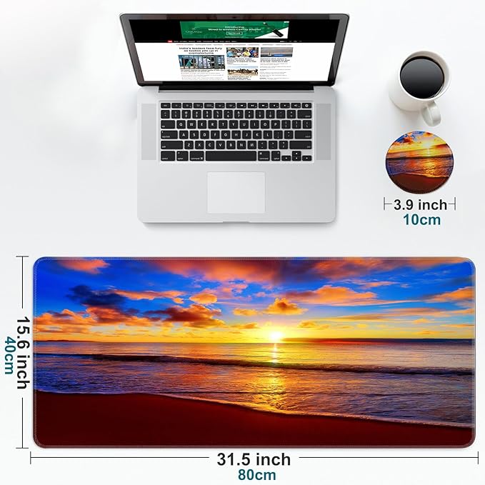 Large Gaming Mouse Pad with Coaster, Desk Matt for Desktop, Desk Pad, Mouse Pads Mat, Stitched Edges Big Extended Mousepad for Computer Keyboard Laptop Office Decor, 31.5'' x15.6''-Sunset Beach