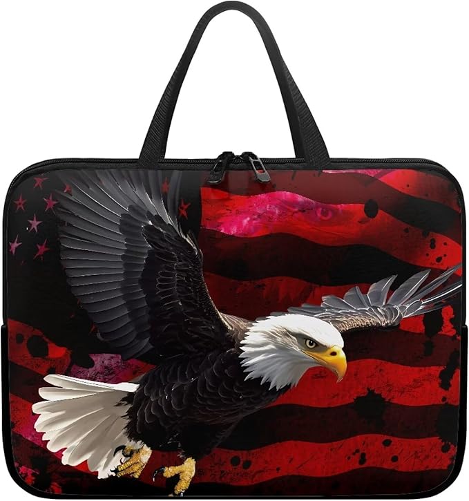 13 Inch American USA Flag Eagle Laptop Sleeve, Protective Tablet Case with Handle, Patriotic Computer Bag Carrying Case Notebook Cover Messenger Briefcase for Travel/Business/School