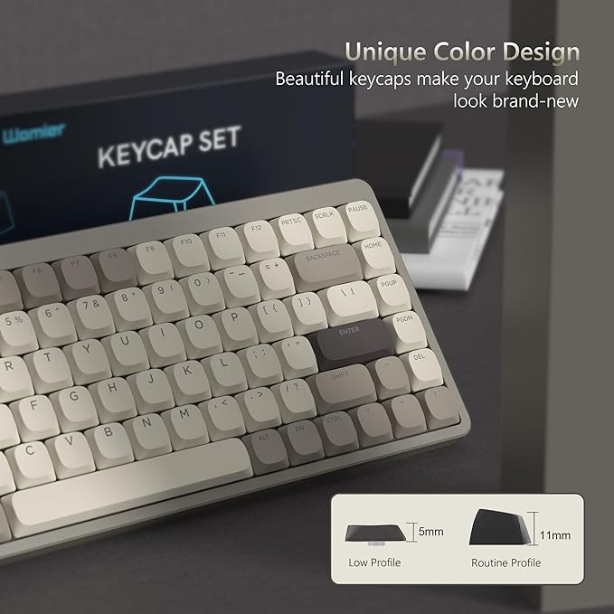 Womier Low Profile Keycaps - Shine Through PBT Key caps 60 65 75 100 Percent, Mechanical Keyboard Keycaps for Cherry Gateron MX Switches Keyboard - Khaki Grey
